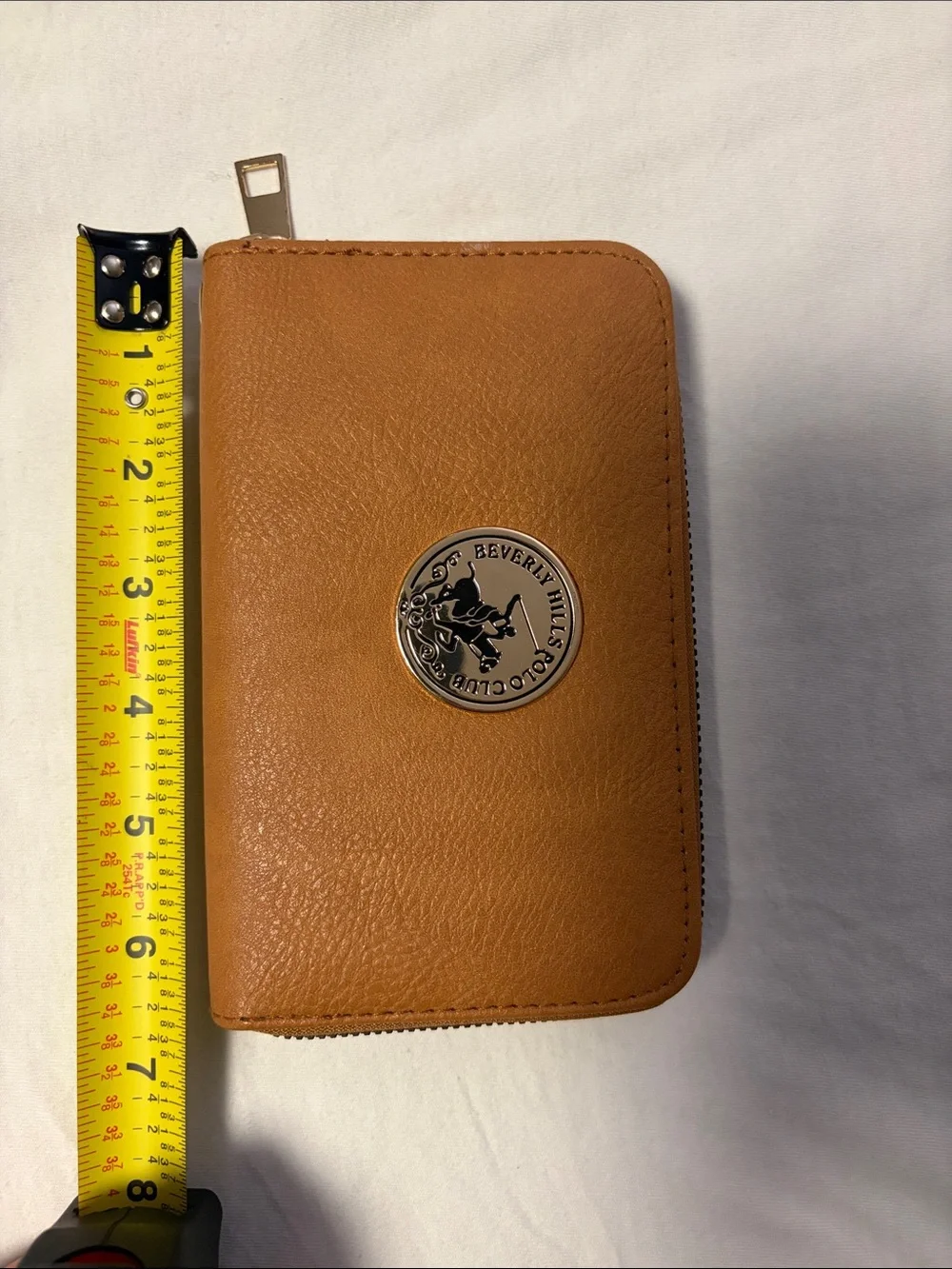 Beverly Hills Polo Club - Pebbled Tan Zip Card Holder with Round Metal Emblem